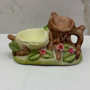 Vintage Ceramic Nest & Tree Stump Easter Egg Cups Display with Pink Roses